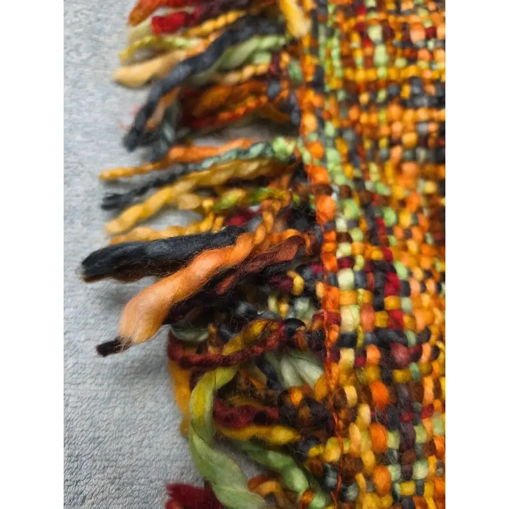 Handwoven Infinity Scarf Wool Blend Artisan Loop Cowl Fringe Autumn Chunky